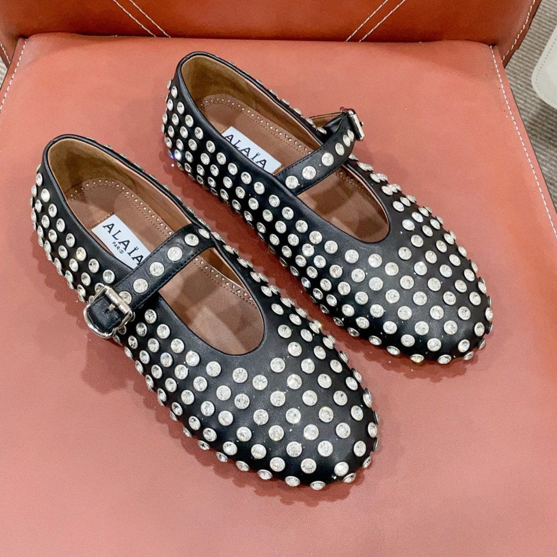 ALAIA MARY JANE SHOES IN BLACK LAMBKIN ATTACH RHINSTONES