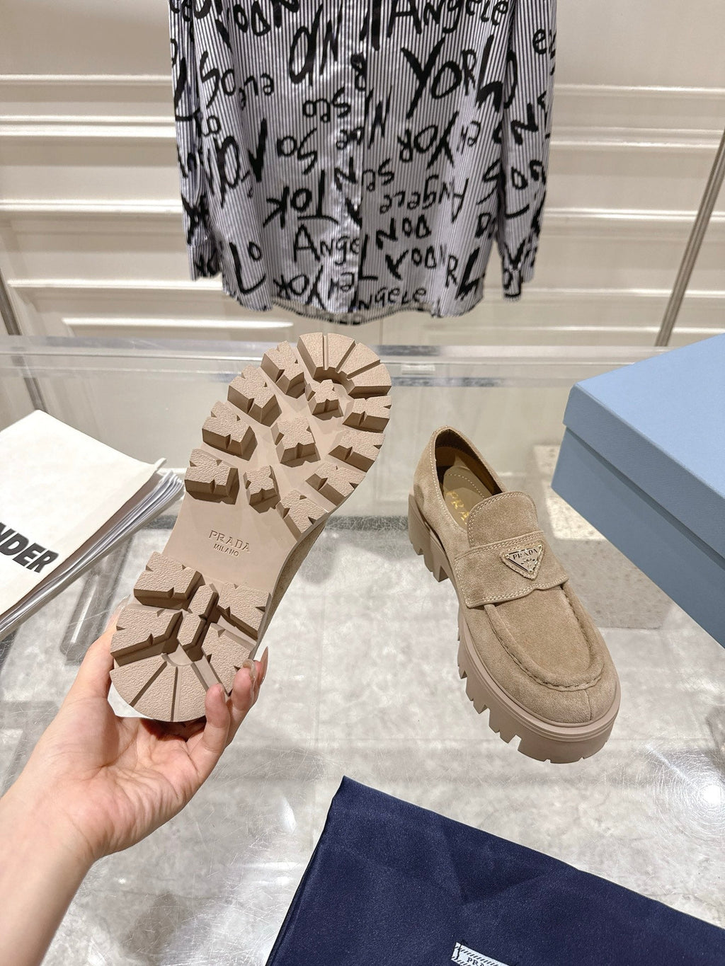 PRADA 26S PLATFORM LOAFERS 45MM IN BEIGE SUEDE