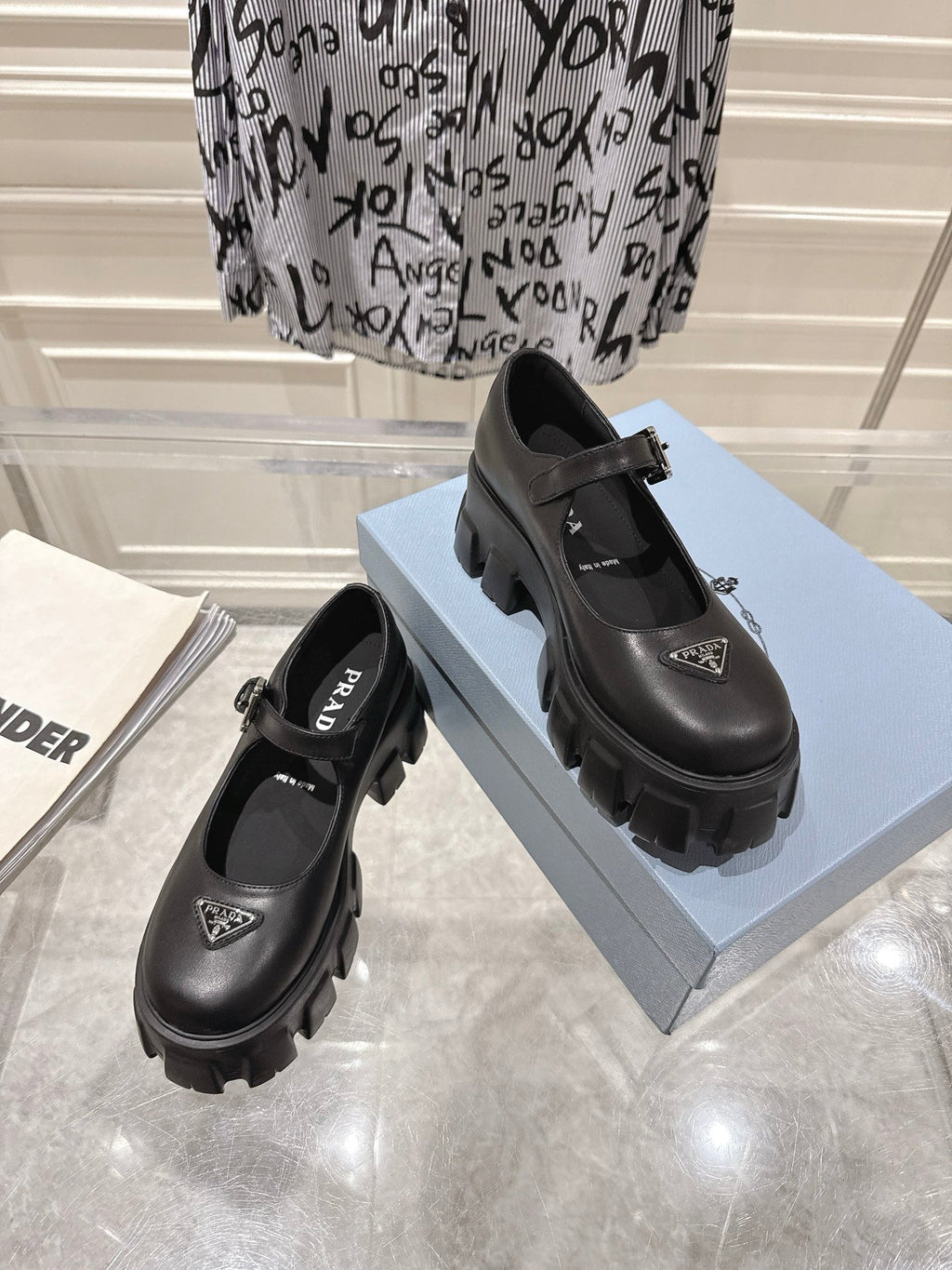 PRADA 26S MARY JANE SHOES 45MM IN BLACK CALFSKIN