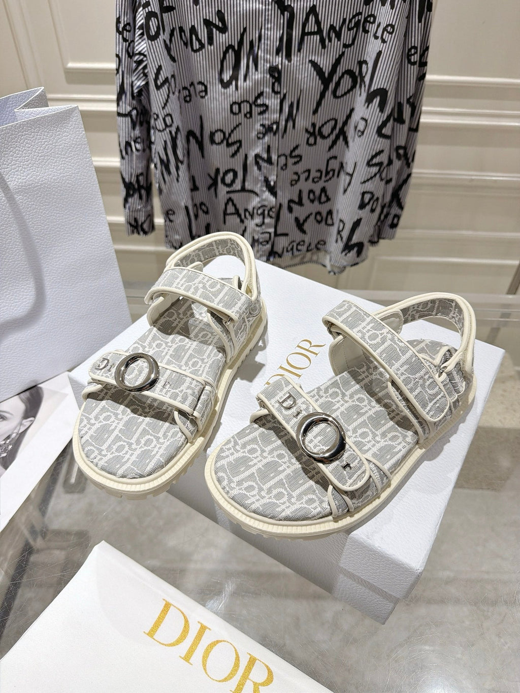 DIOR 26S VELCRO SANDALS IN LIGHT GREY MIX WHITE OBLIQUE CANVAS