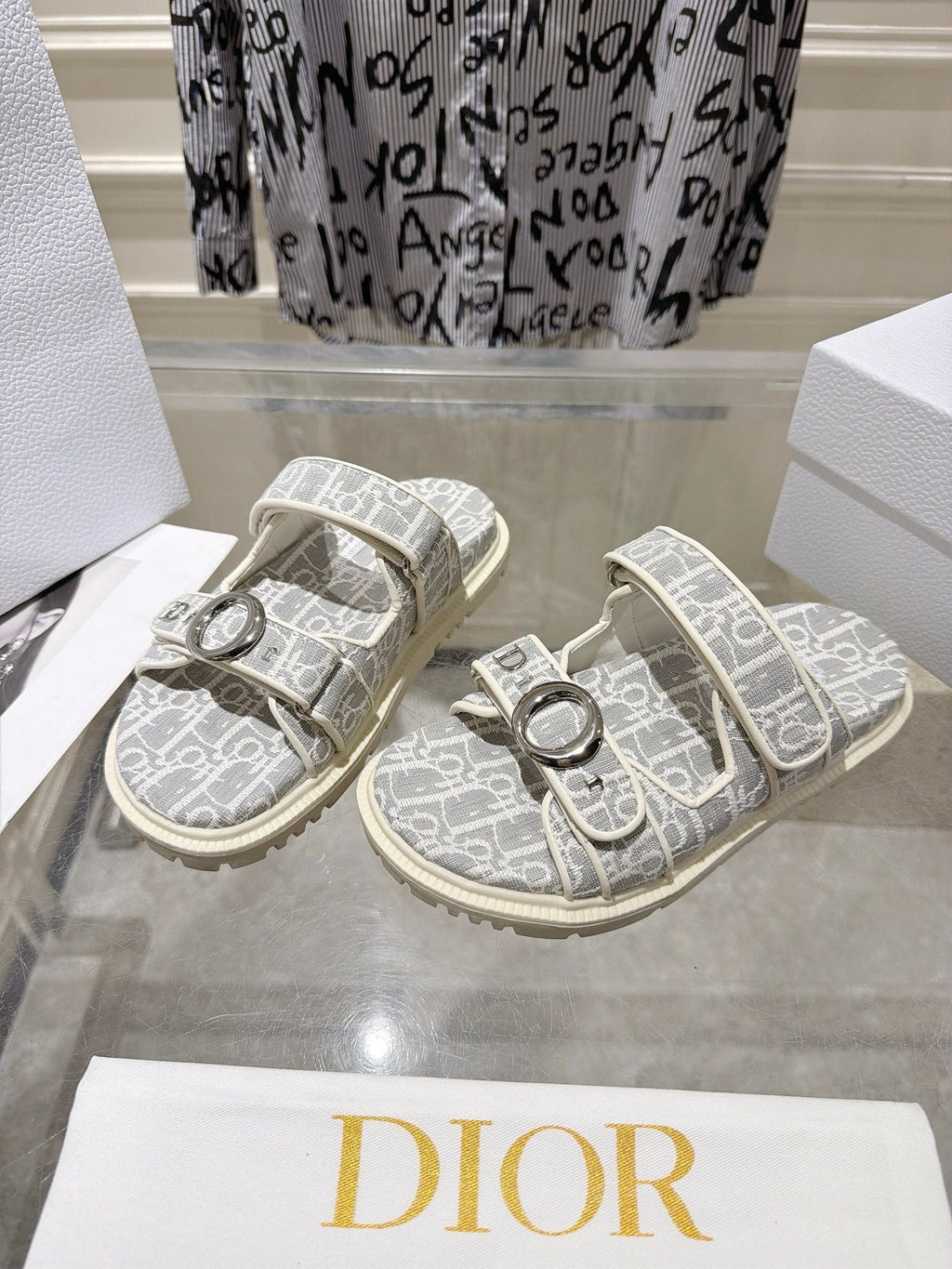DIOR 26S SANDALS IN LIGHT GREY MIX WHITE OBLIQUE CANVAS