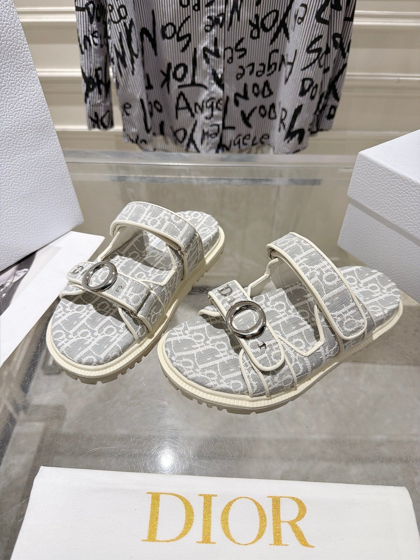 DIOR 26S SANDALS IN LIGHT GREY MIX WHITE OBLIQUE CANVAS
