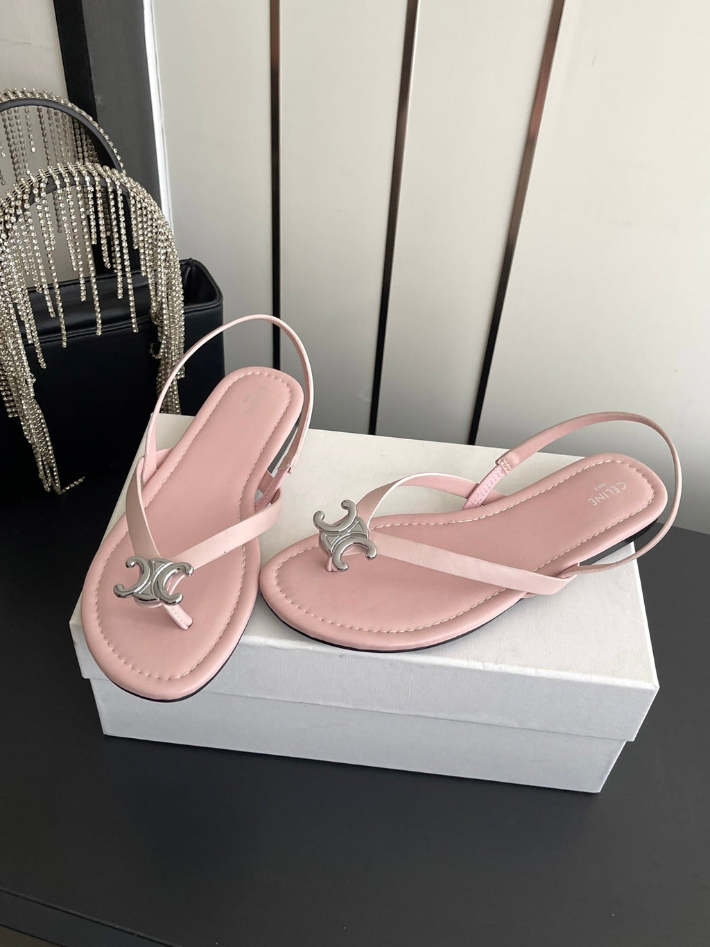 CELINE 26S THONG SANDALS IN LIGHT PINK CALFSKIN