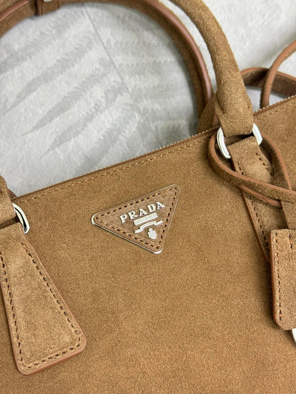 PRADA 26S HANDBAG 28 IN TAUPE SUEDE