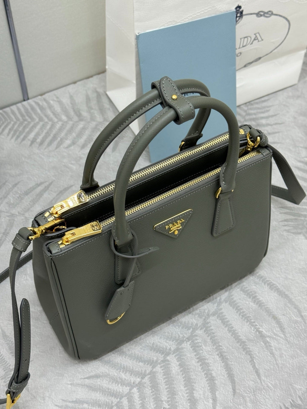 PRADA 26S GALLERIA 28 BAG IN SAGE GREEN SAFFIANO