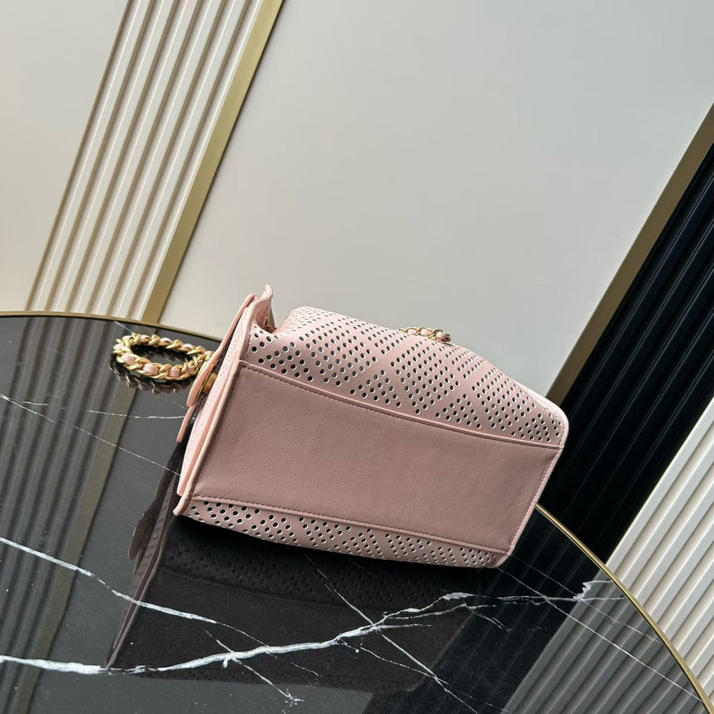 CHANEL 26S HOBO BAG 22 IN LIGHT PINK PERFORATED CALFSKIN GOLD HARDWARE