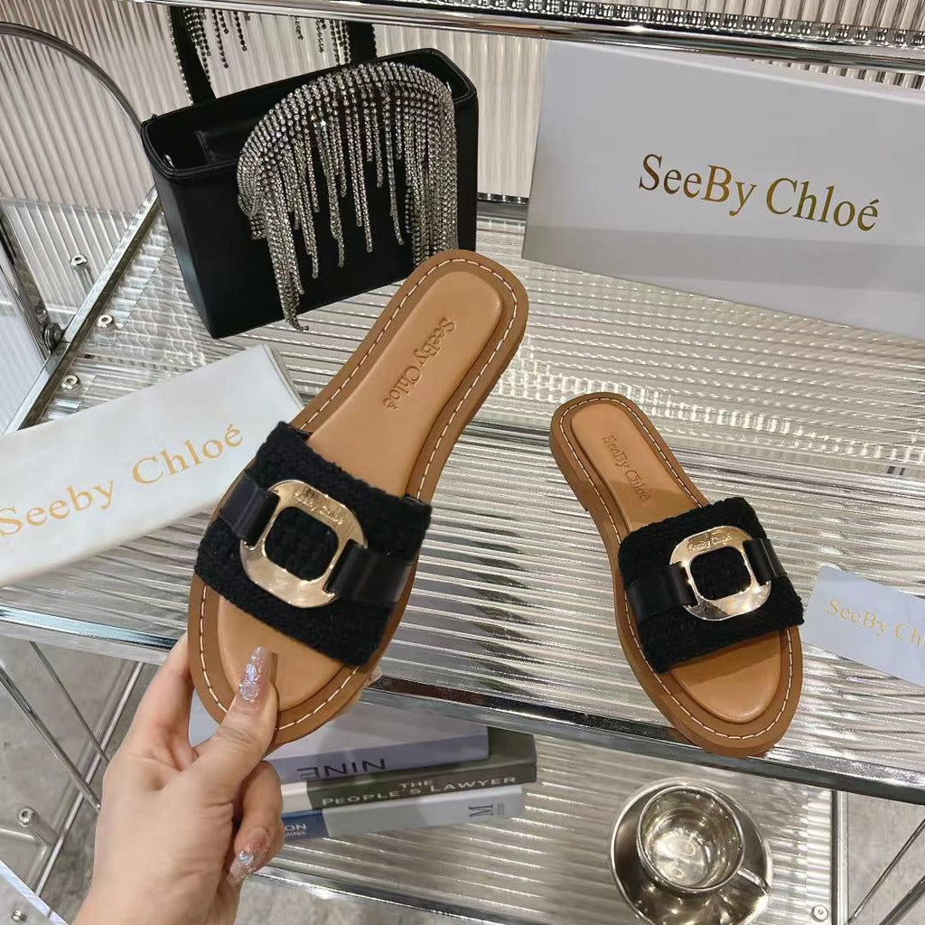 WOVEN SLIDE MULE IN BLACK WOOL AND BROWN LAMBSKIN GOLD HARDWARE