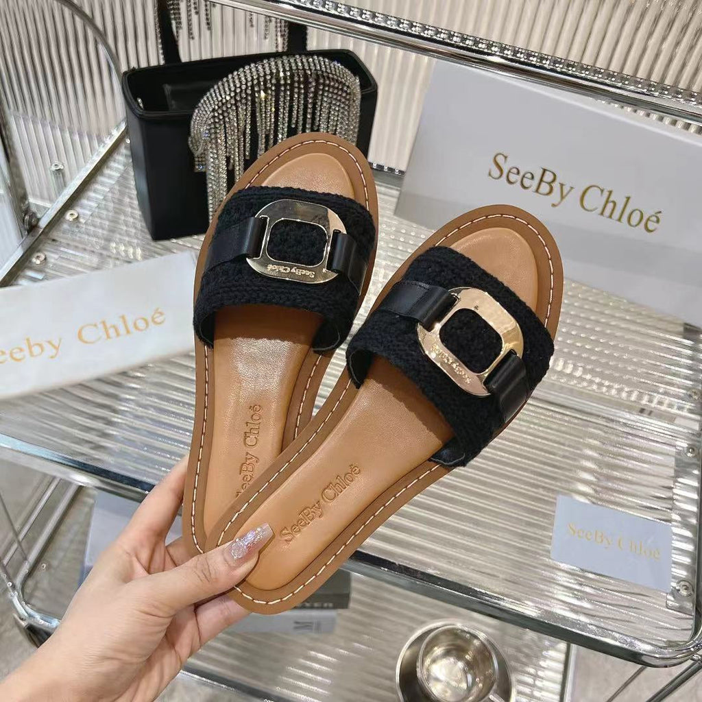 WOVEN SLIDE MULE IN BLACK WOOL AND BROWN LAMBSKIN GOLD HARDWARE