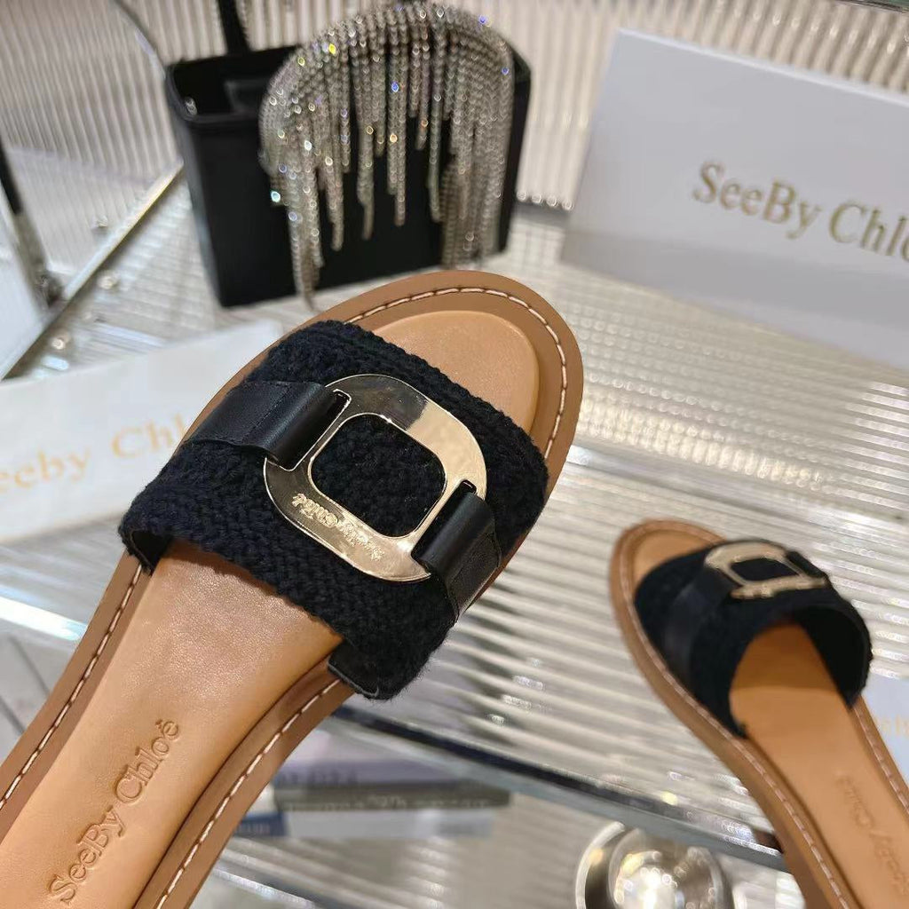 WOVEN SLIDE MULE IN BLACK WOOL AND BROWN LAMBSKIN GOLD HARDWARE
