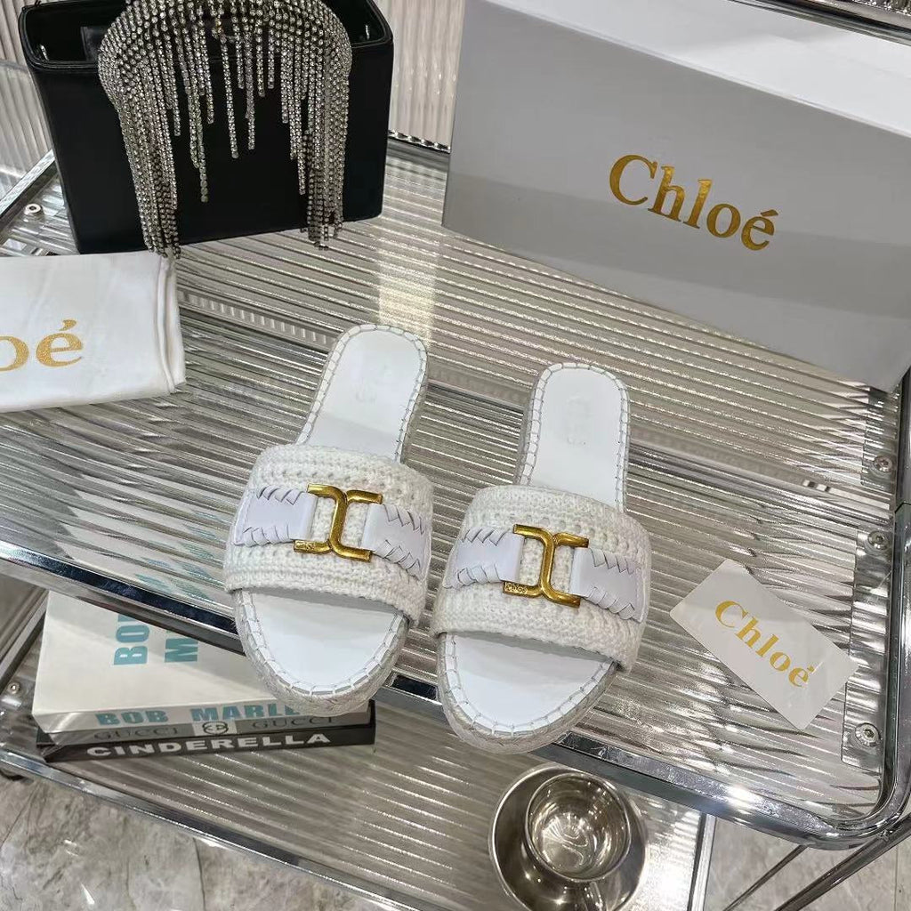 WOVEN SLIPPER IN WHITE WOOL AND LAMBSKIN GOLD HARDWARE