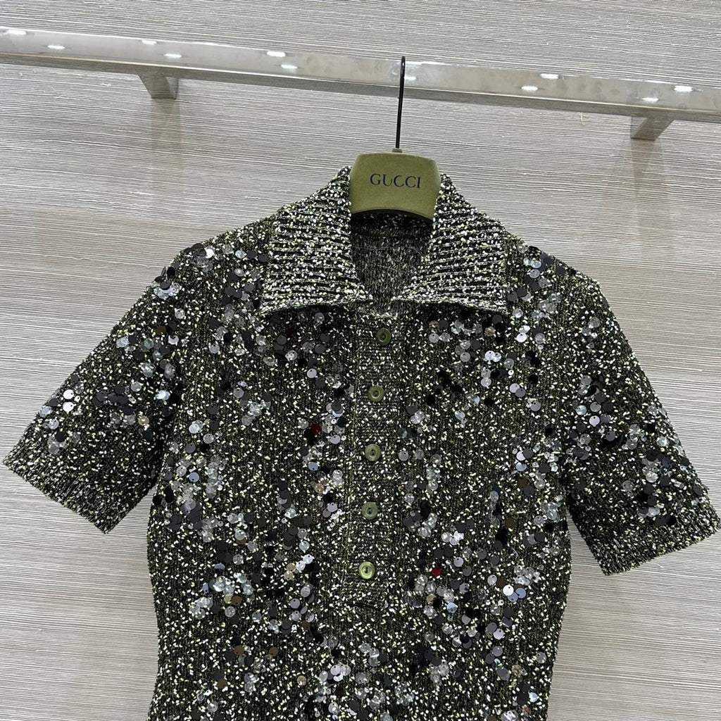Gucci Knitted Polo Short-sleeved Top Green Wool