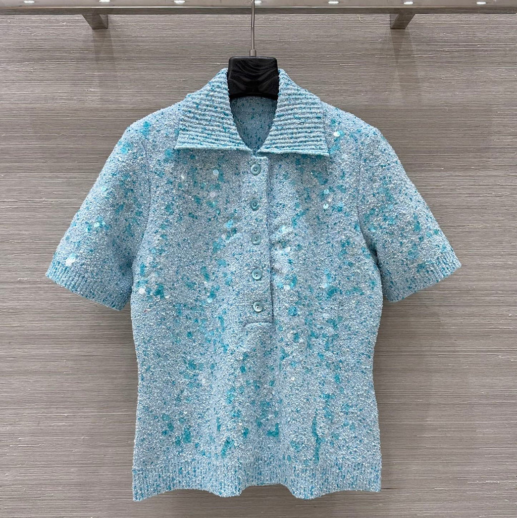 Gucci Knitted Polo Short-sleeved Top Blue Wool