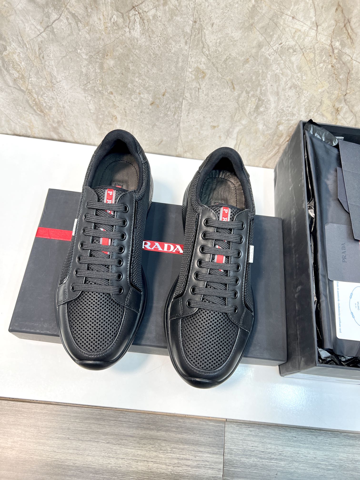 PRA SNEAKER BLACK CALFSKIN AND MESH FABRIC