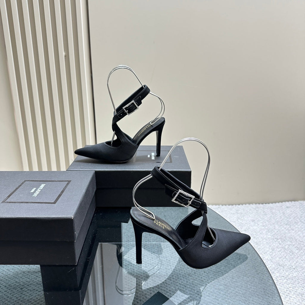 SL CROSS-STRAP SLINGBACK BLACK SATIN