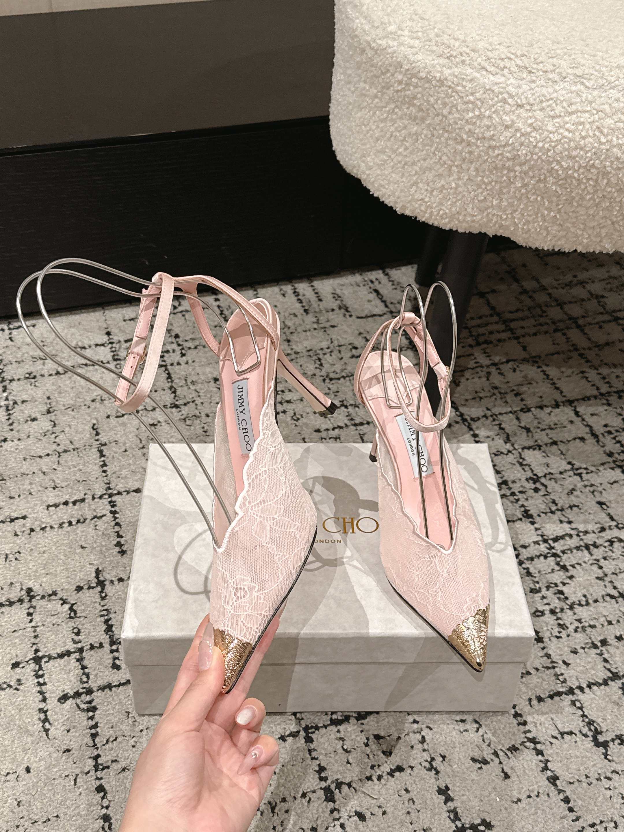 JIMMY CHOO 26S SLINGBACK HEELS 95 MM IN LIGHT PINK LACE