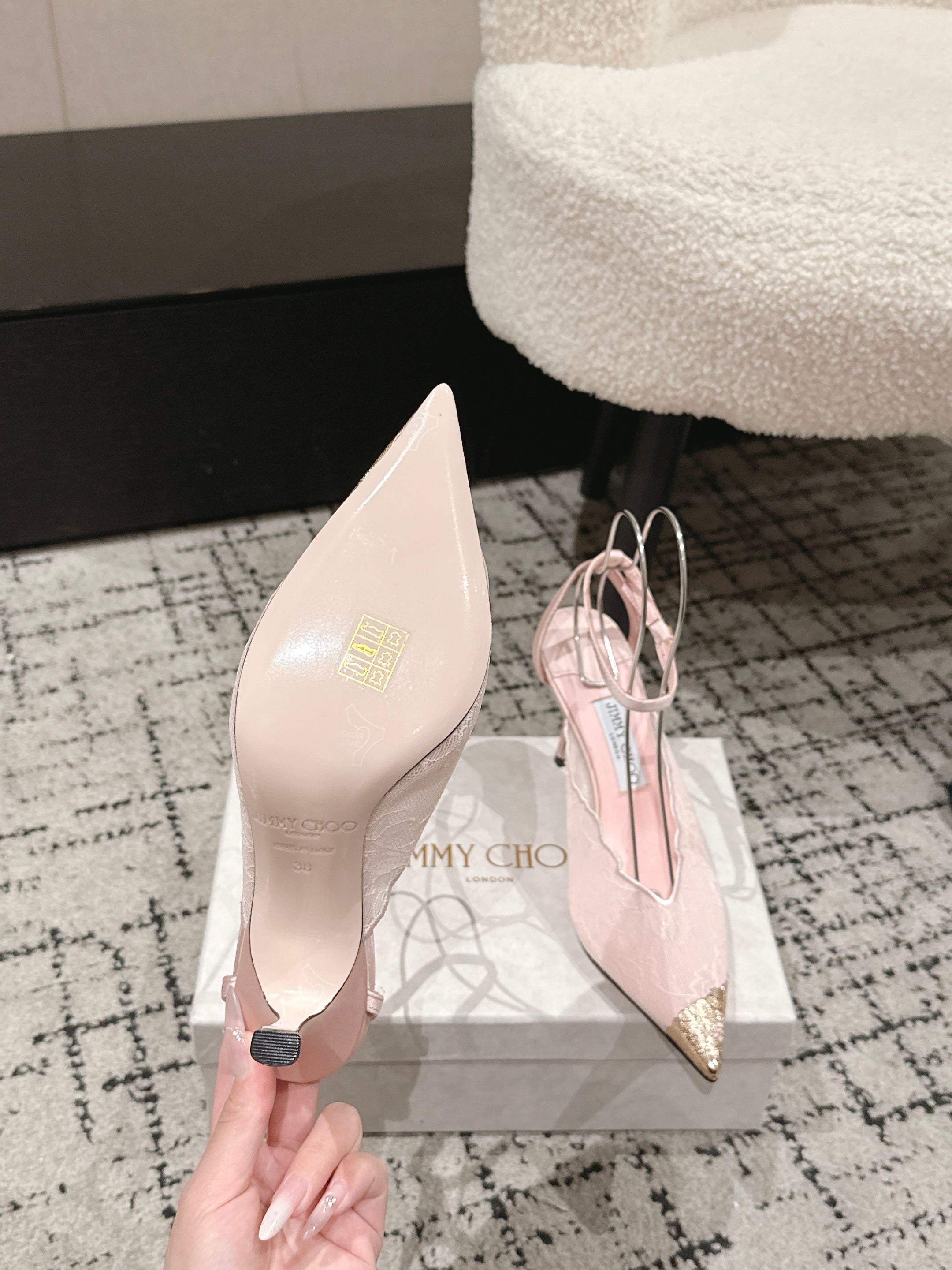 JIMMY CHOO 26S SLINGBACK HEELS 95 MM IN LIGHT PINK LACE