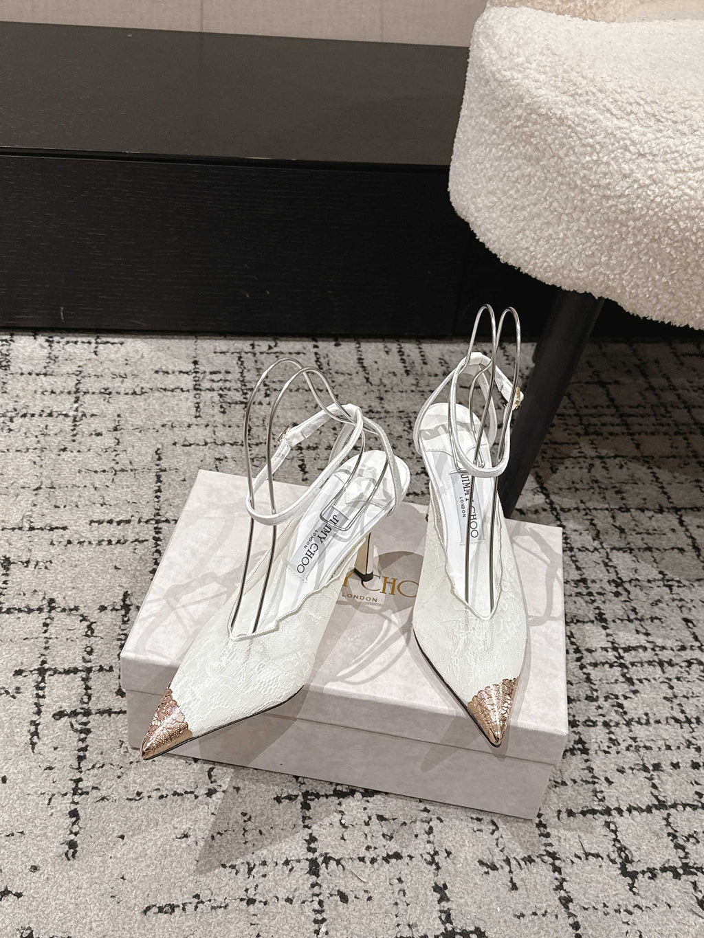 JIMMY CHOO 26S SLINGBACK HEELS 95 MM IN WHITE LACE