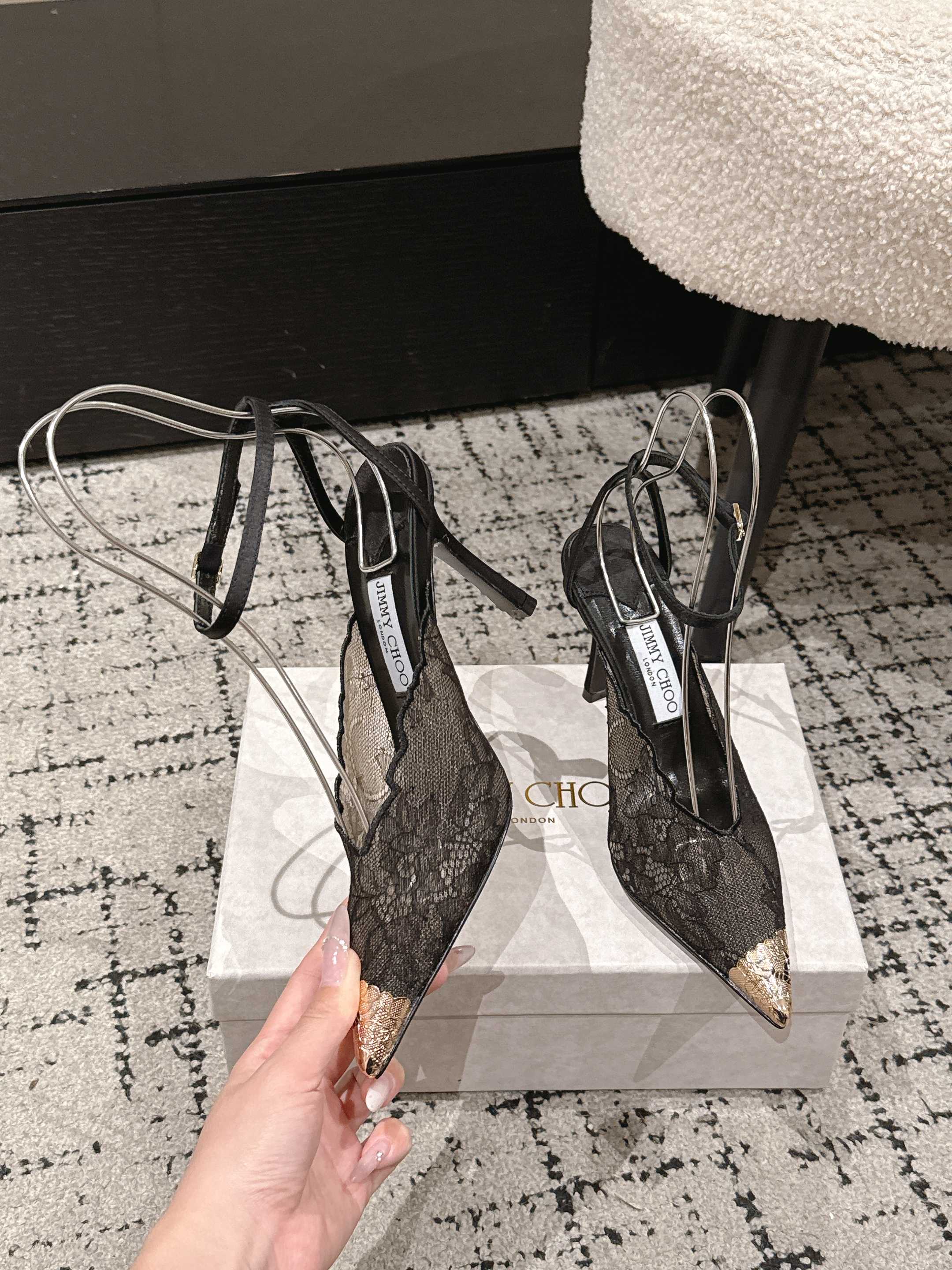 JIMMY CHOO 26S SLINGBACK HEELS 95 MM IN BLACK LACE