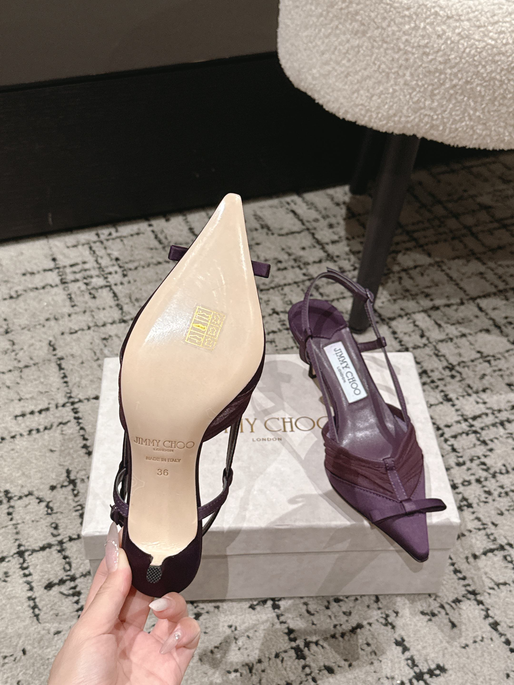 JIMMY CHOO 26S SLINGBACK HEELS 65 MM IN DEEP PURPLE FABRIC