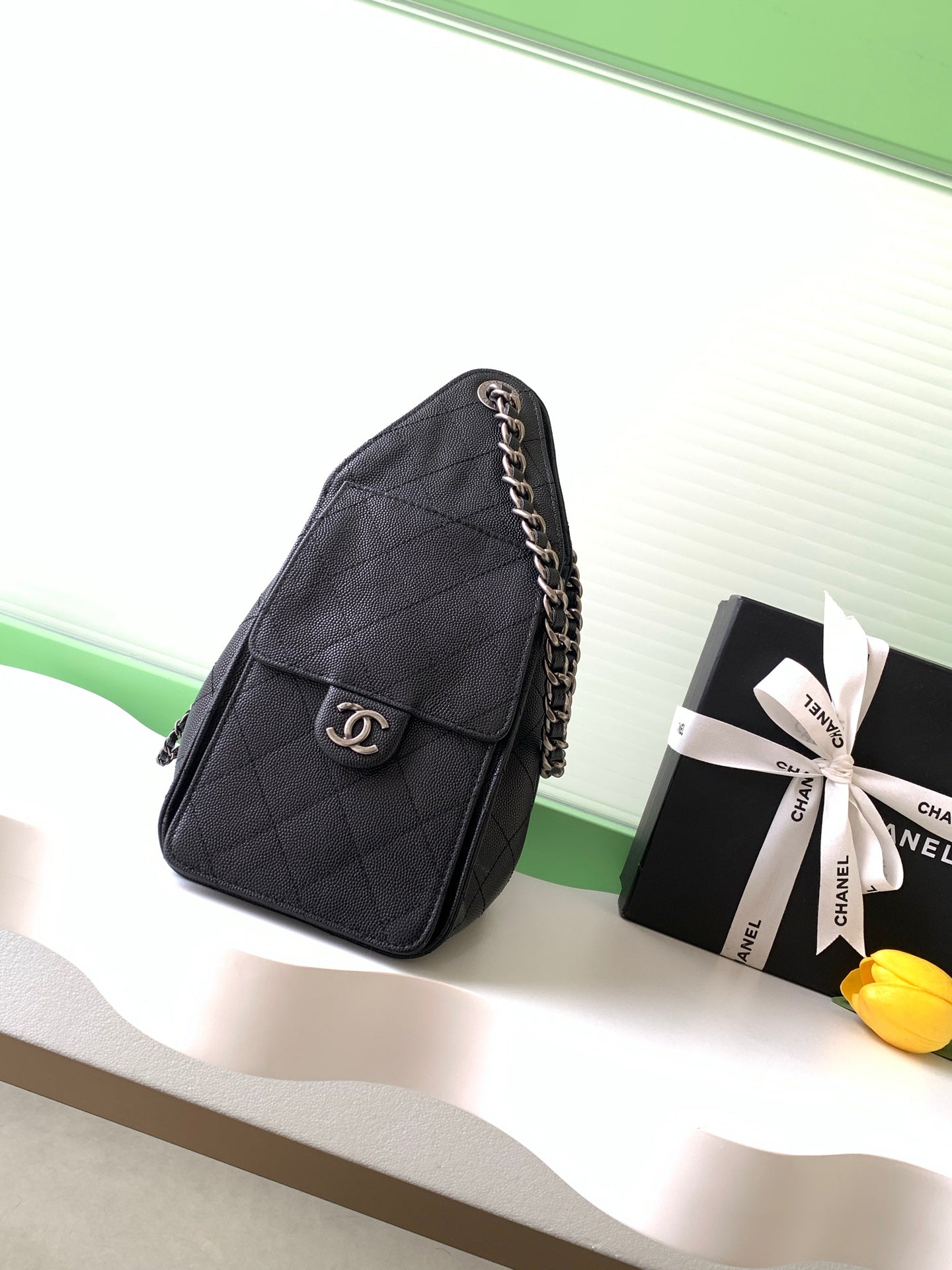 CHANEL 26S HOBO BAG 30 IN BLACK CAVIAR CALFSKIN DARK SILVER HARDWARE