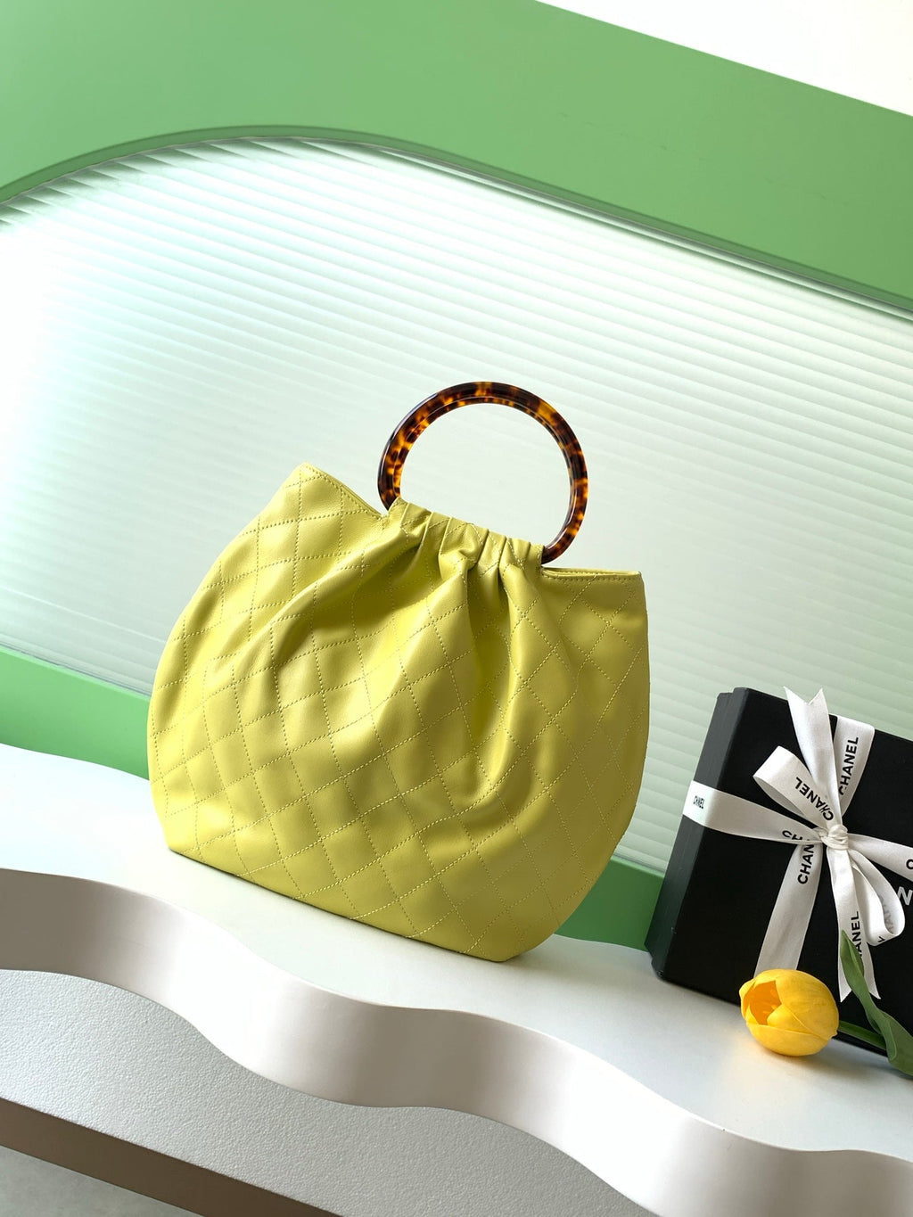 CHANEL 26S HAND BAG 32 IN LIME YELLOW LAMBSKIN GOLD HARDWARE