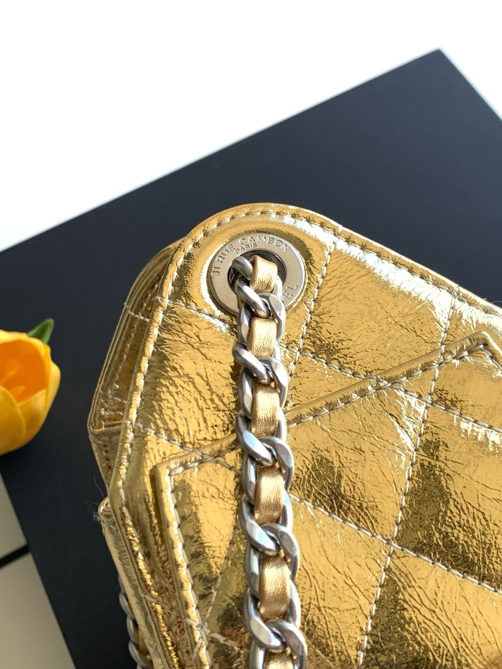 CHANEL 26S HOBO BAG 22 IN GOLD METALLIC CRINKLED CALFSKIN SILVER HARDWARE