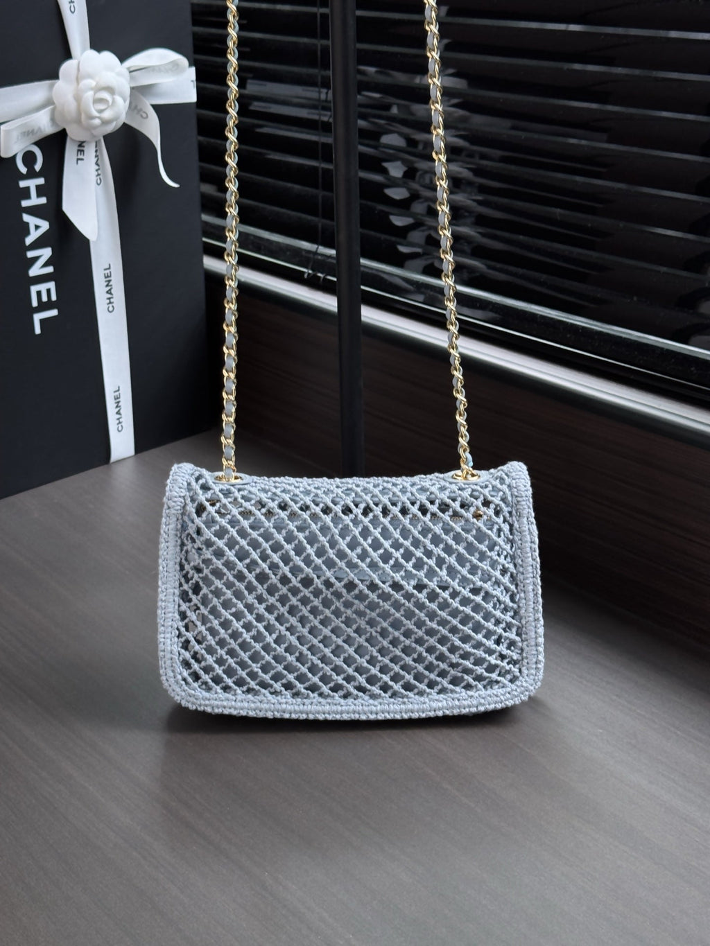 CHANEL 26S SMALL CLASSIC FLAP BAG 21 IN LIGHT BLUE OPEN-WEAVE CROCHET GOLD HARDWARE