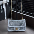 CHANEL 26S SMALL CLASSIC FLAP BAG 21 IN LIGHT BLUE OPEN-WEAVE CROCHET GOLD HARDWARE