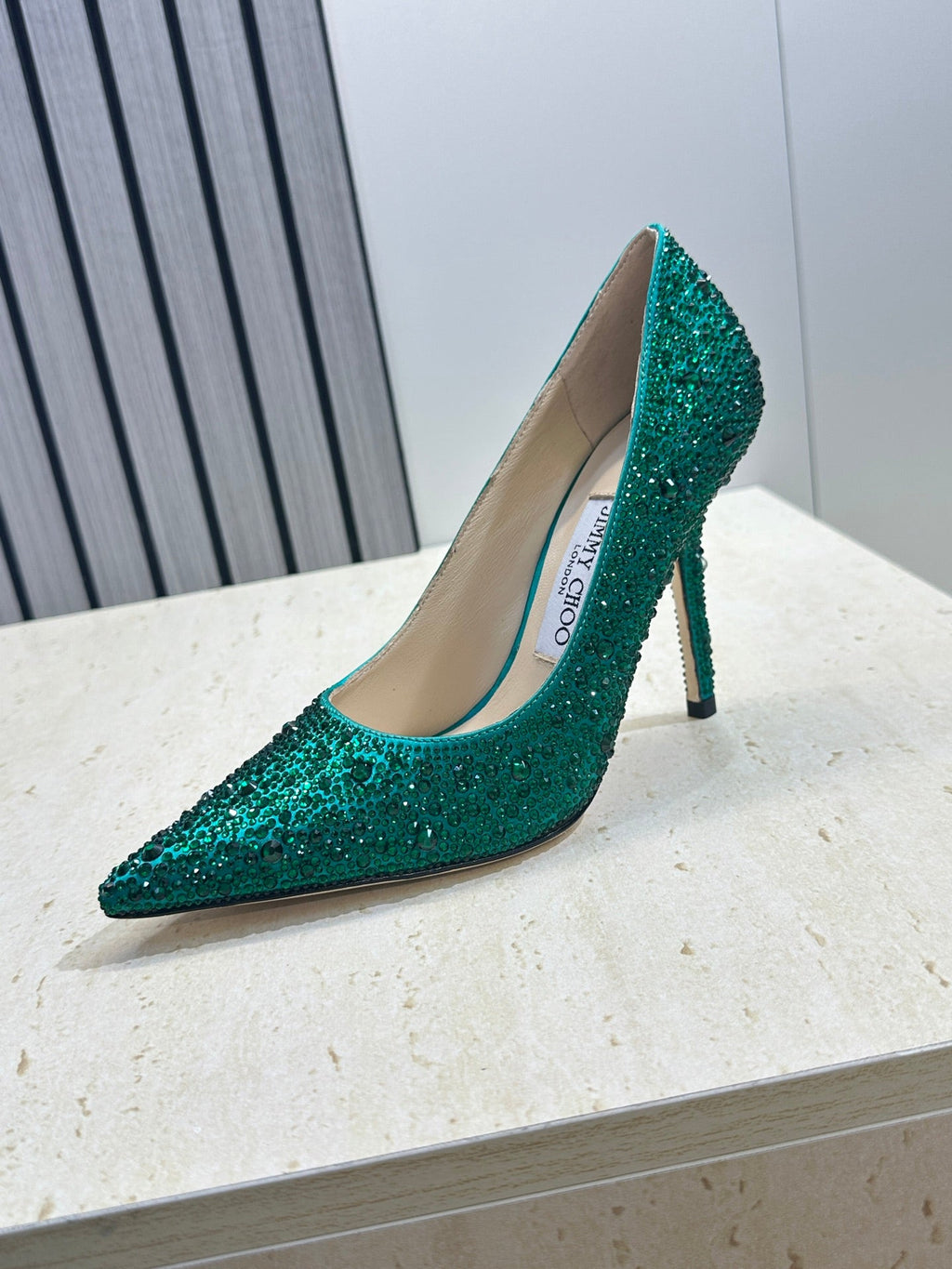 JIMMY CHOO 26S HIGH HEELS 95 MM IN GREEN CRYSTAL-EMBELLISHED