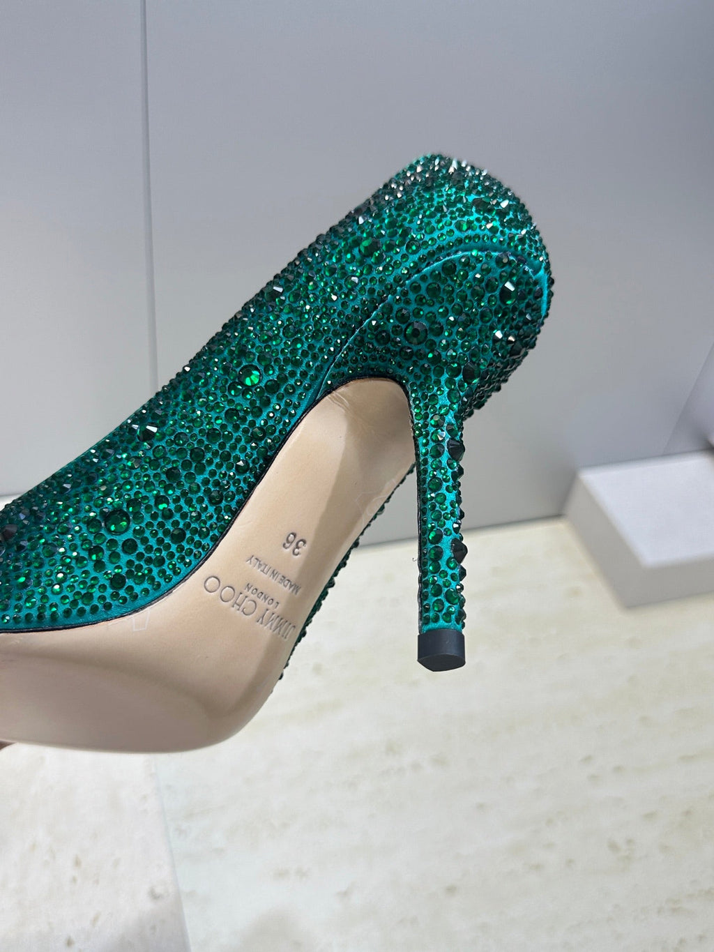 JIMMY CHOO 26S HIGH HEELS 95 MM IN GREEN CRYSTAL-EMBELLISHED