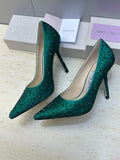 JIMMY CHOO 26S HIGH HEELS 95 MM IN GREEN CRYSTAL-EMBELLISHED