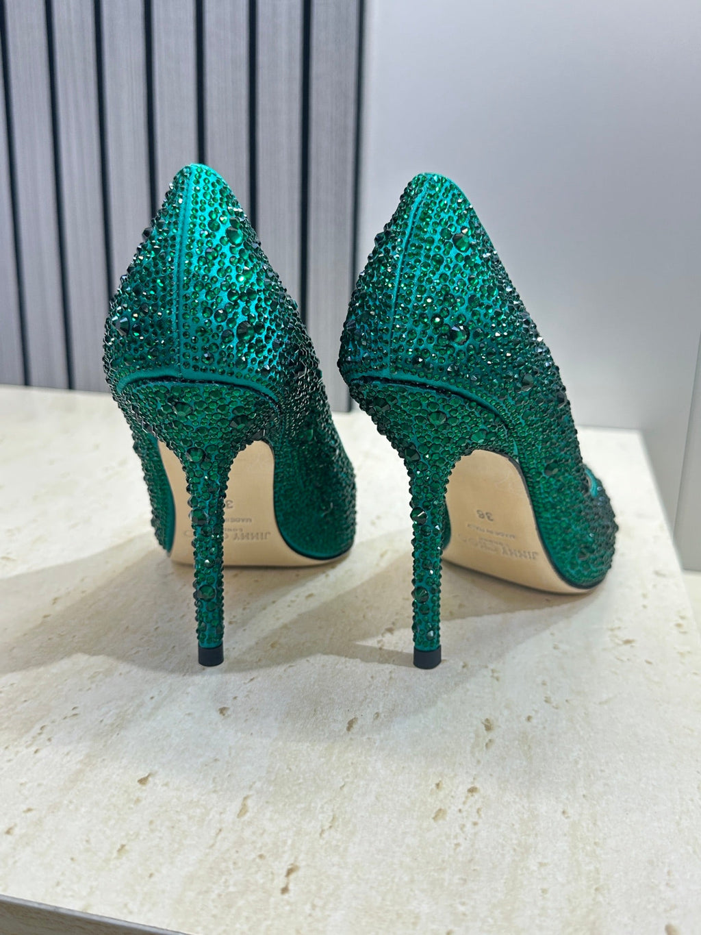 JIMMY CHOO 26S HIGH HEELS 95 MM IN GREEN CRYSTAL-EMBELLISHED