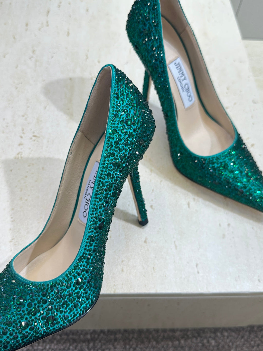 JIMMY CHOO 26S HIGH HEELS 95 MM IN GREEN CRYSTAL-EMBELLISHED