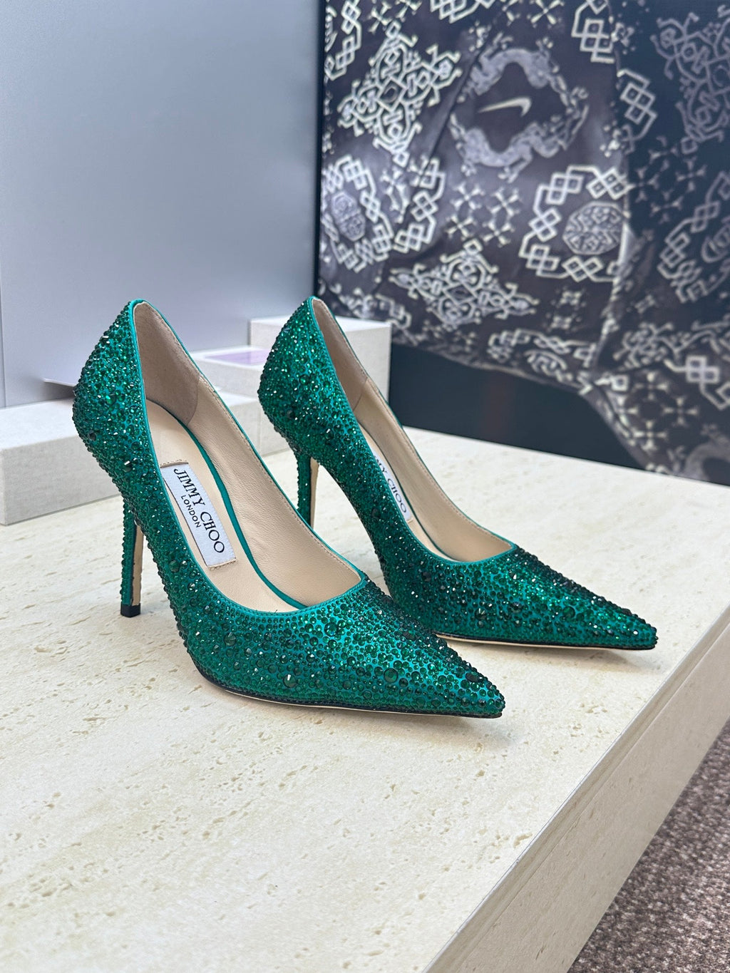 JIMMY CHOO 26S HIGH HEELS 95 MM IN GREEN CRYSTAL-EMBELLISHED