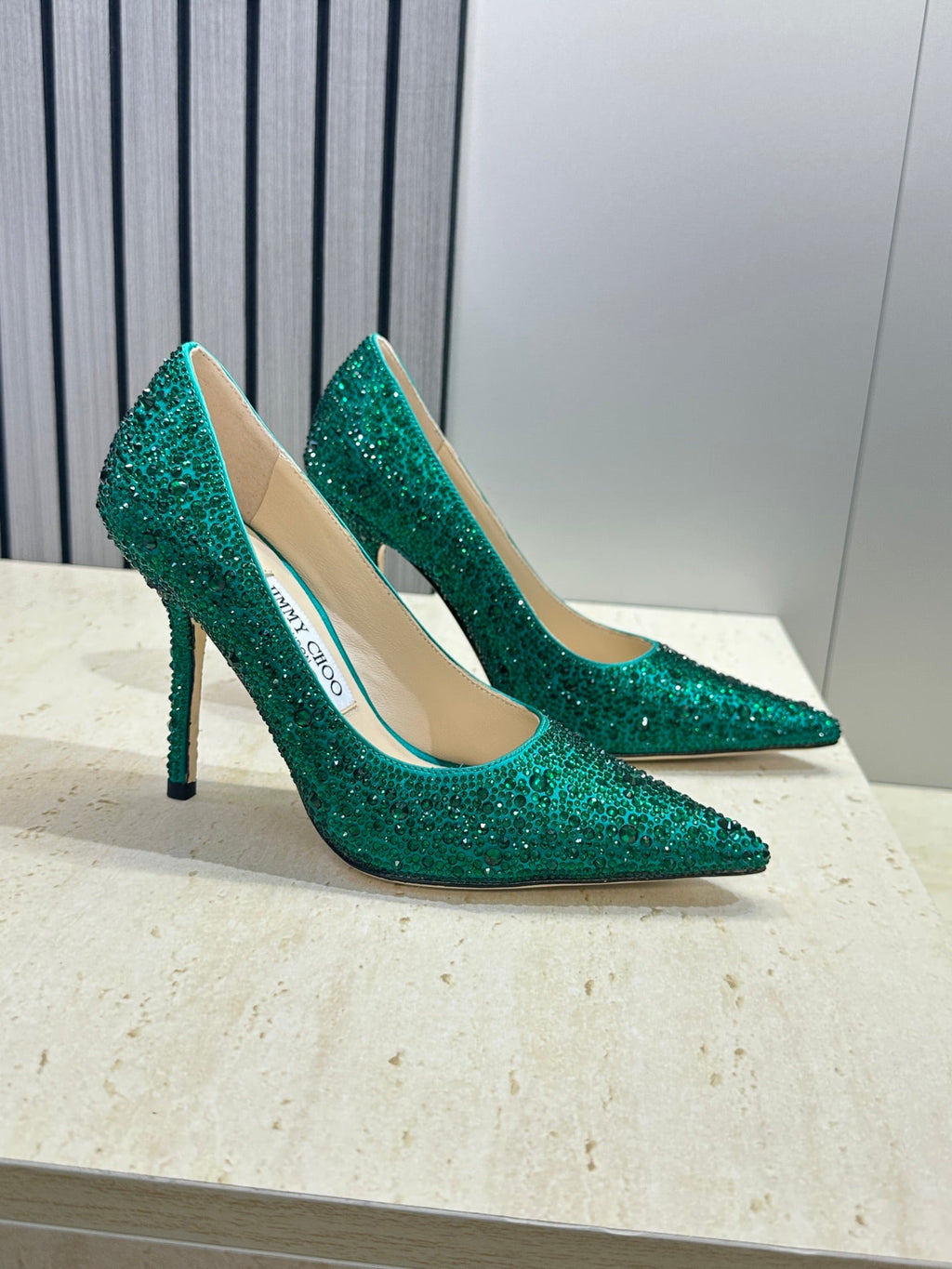 JIMMY CHOO 26S HIGH HEELS 95 MM IN GREEN CRYSTAL-EMBELLISHED
