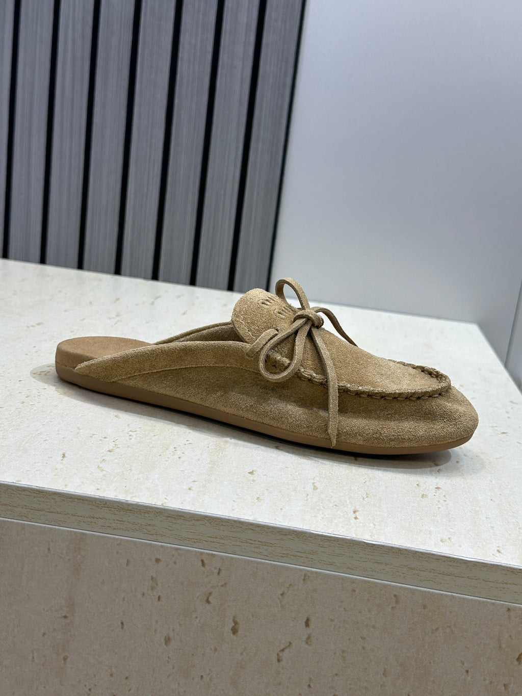 MIUMIU 26S SNEAKER MULES IN OLIVE BROWN SUEDE WITH BOW
