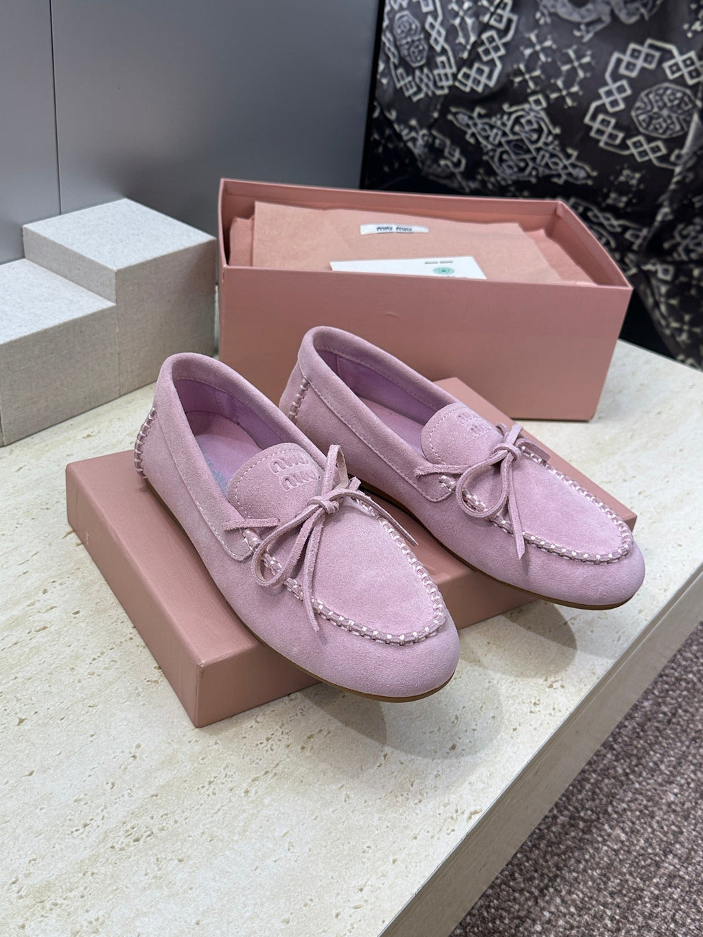 MIUMIU 26S LOAFERS IN LIGHT PURPLE SUEDE WITH BOW