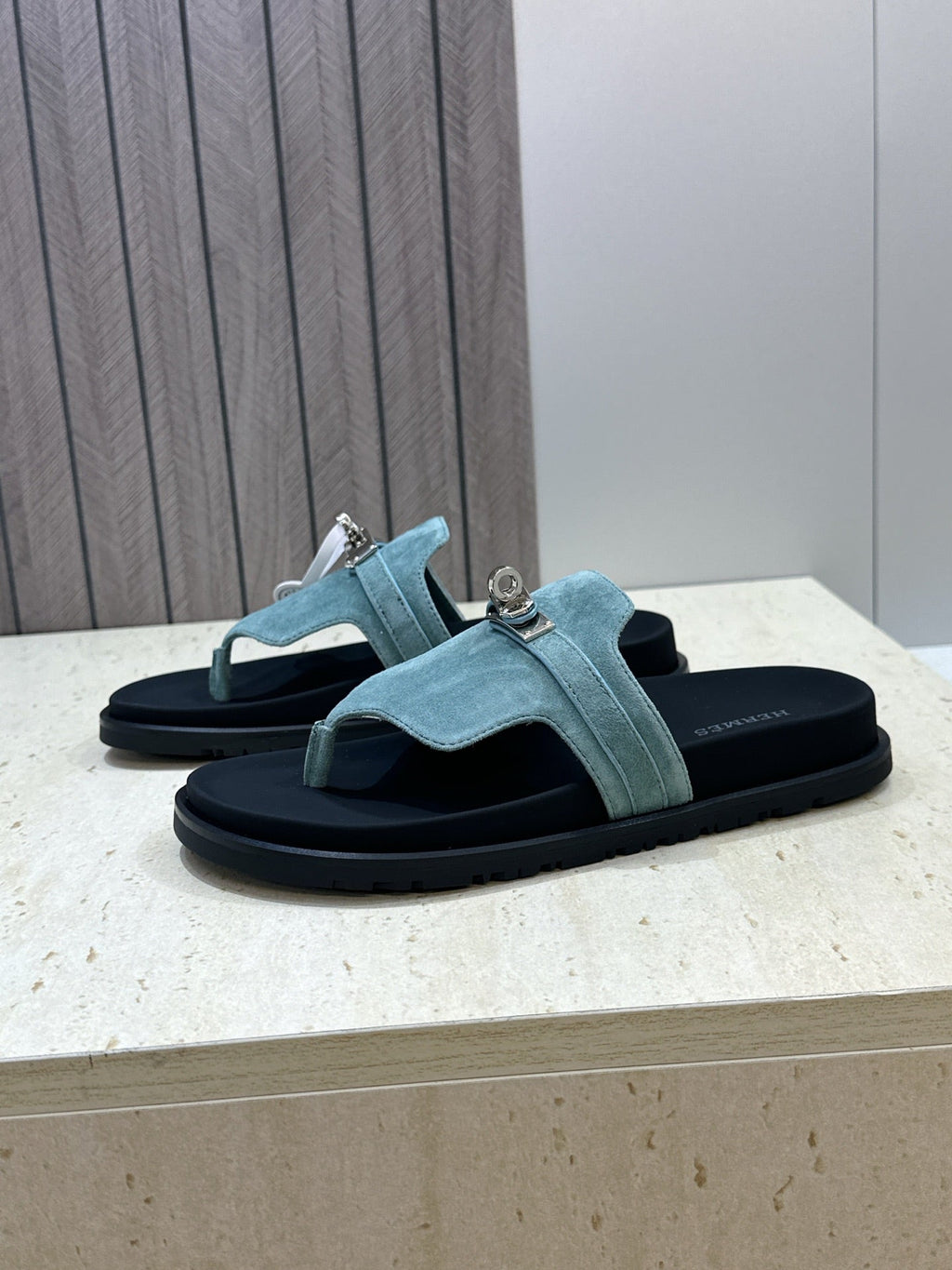 HM 26S EMPIRE SANDAL IN DUSTY SKY BLUE SUEDE SILVER HARDWARE