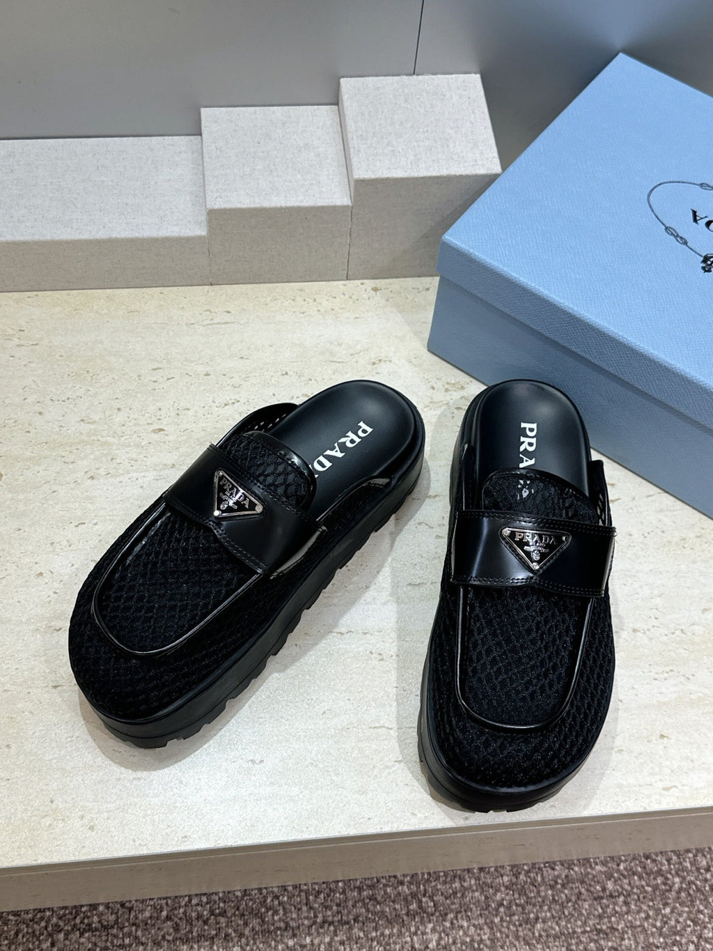 PRADA 26S MULE LOAFERS IN BLACK MESH AND CALFSKIN