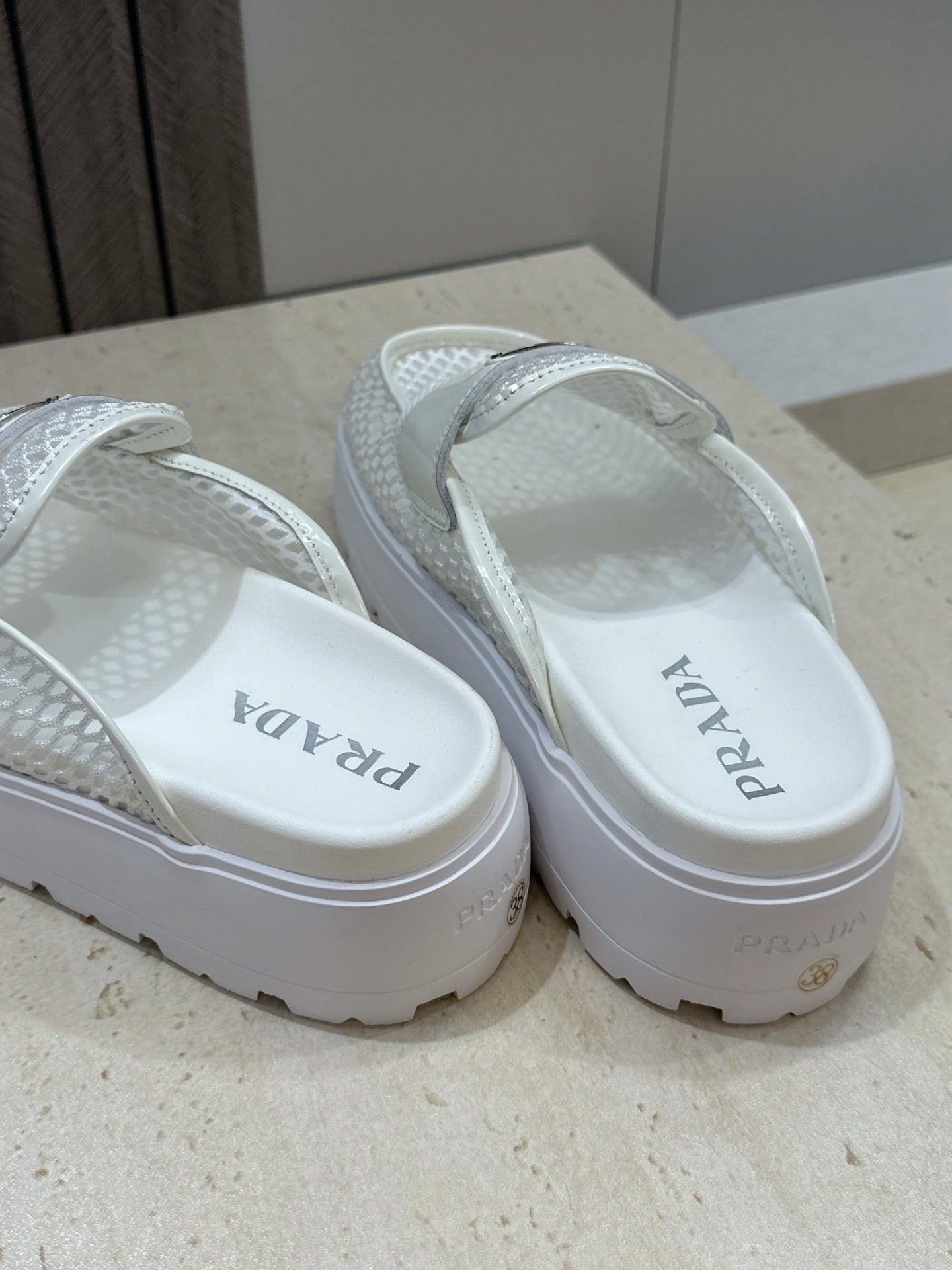 PRADA 26S MULE LOAFERS IN WHITE MESH AND CALFSKIN