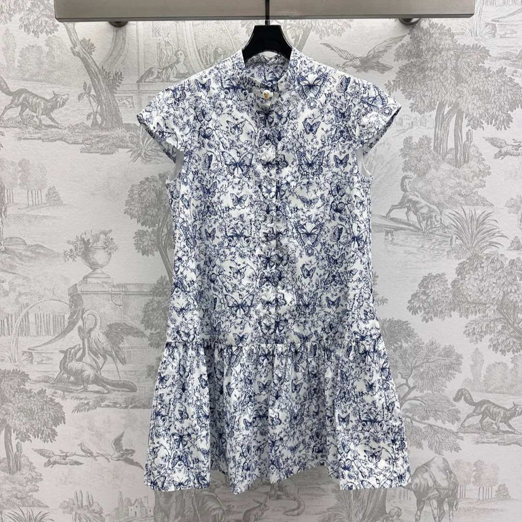 CD Short Dress White Cotton Muslin with Blue Butterfly Motif
