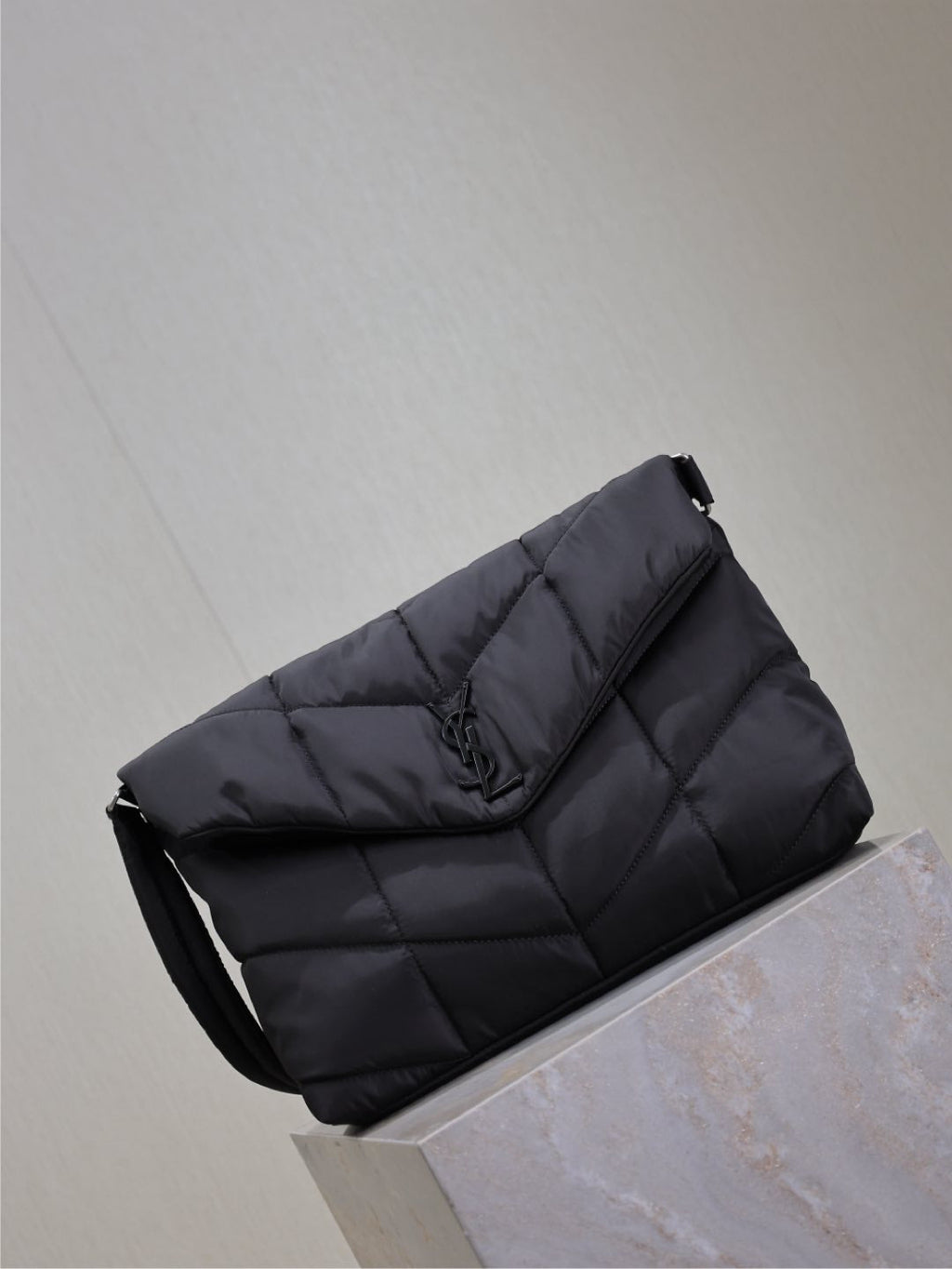 YSL 25S LOULOU PUFFER BAG 34 IN BLACK NYLON SILVER HARDWARE