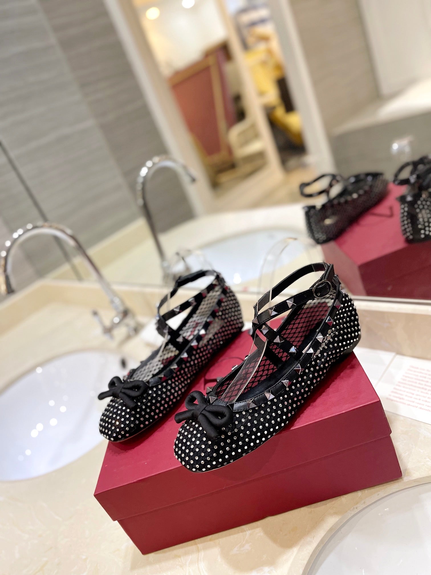 VALENTINO 26S BALLET FLATS IN BLACK CRYSTAL-EMBELLISHED MESH