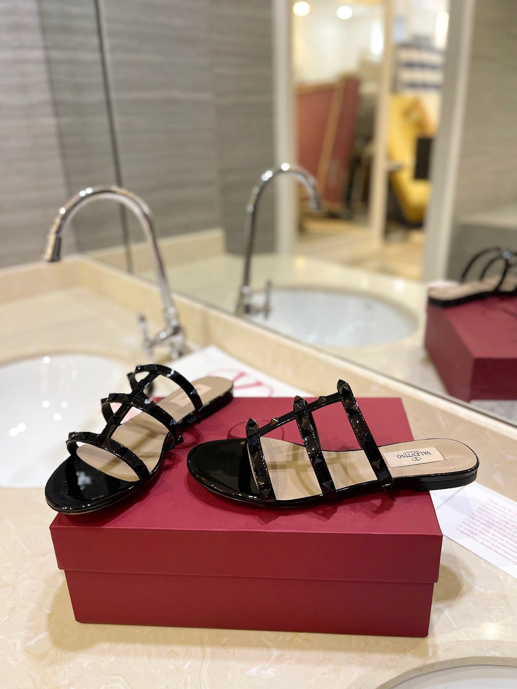 VALENTINO 26S ROCKSTUD CAGED SANDALS IN BLACK PATENT CALFSKIN