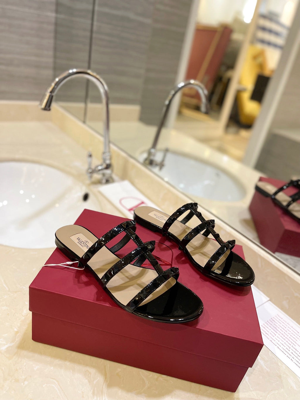 VALENTINO 26S ROCKSTUD CAGED SANDALS IN BLACK PATENT CALFSKIN