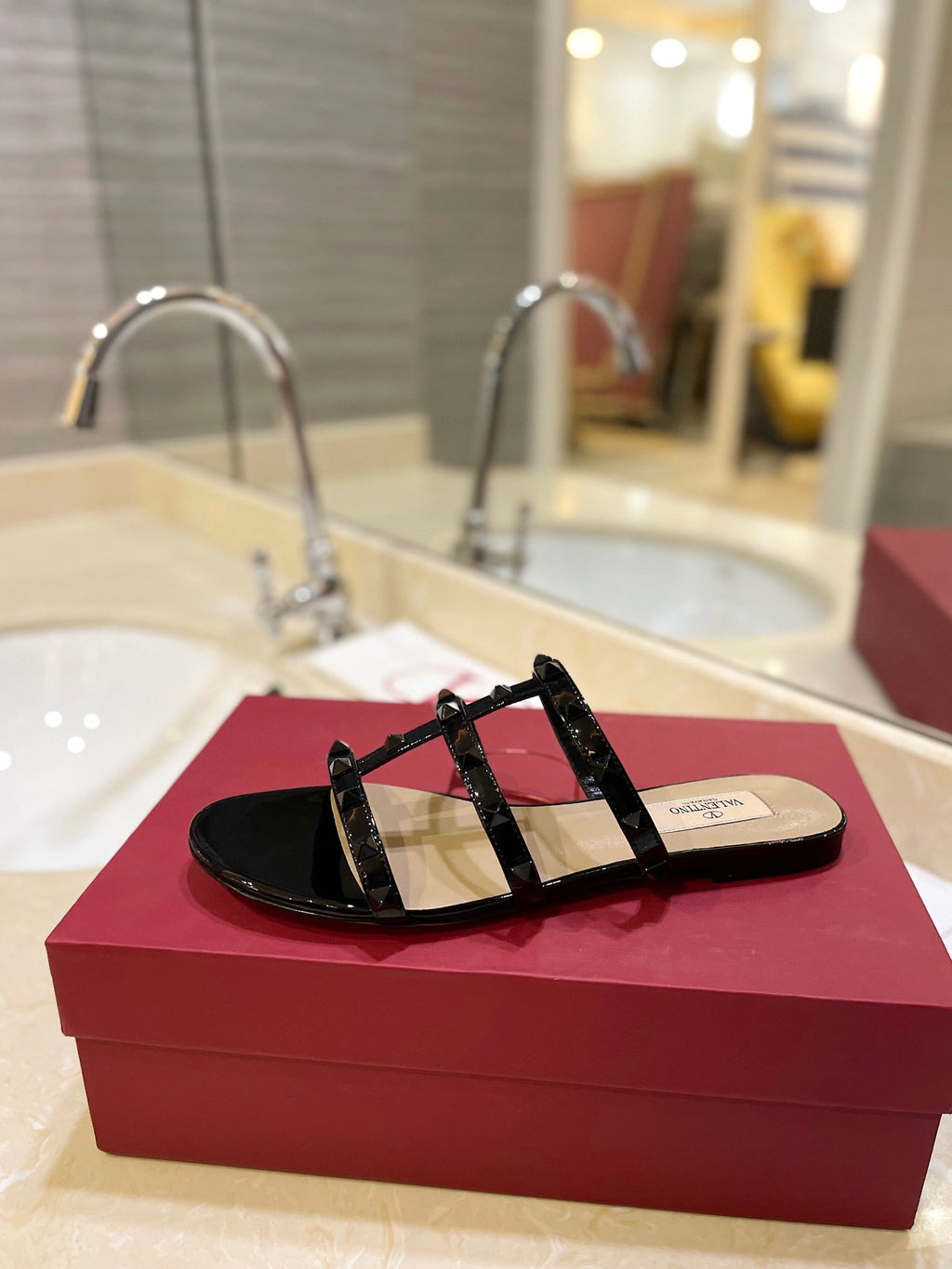VALENTINO 26S ROCKSTUD CAGED SANDALS IN BLACK PATENT CALFSKIN