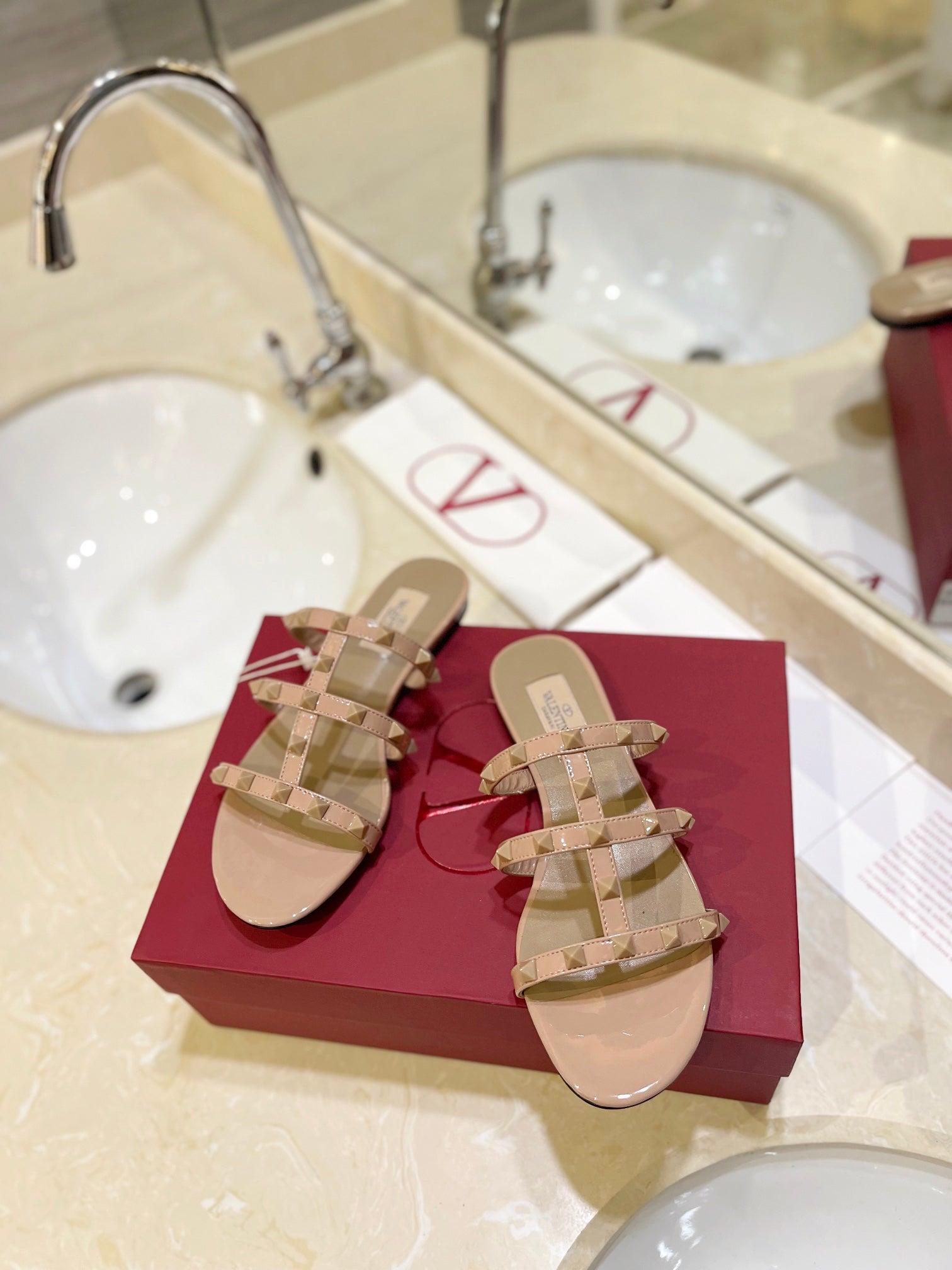 VALENTINO 26S ROCKSTUD CAGED SANDALS IN NUDE CALFSKIN