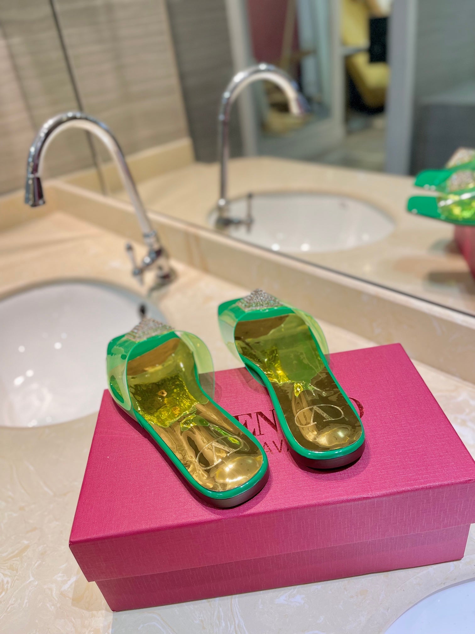 VALENTINO 26S FLAT SLIDES IN GREEN MIX GOLD LAMBSKIN WITH CRYSTAL