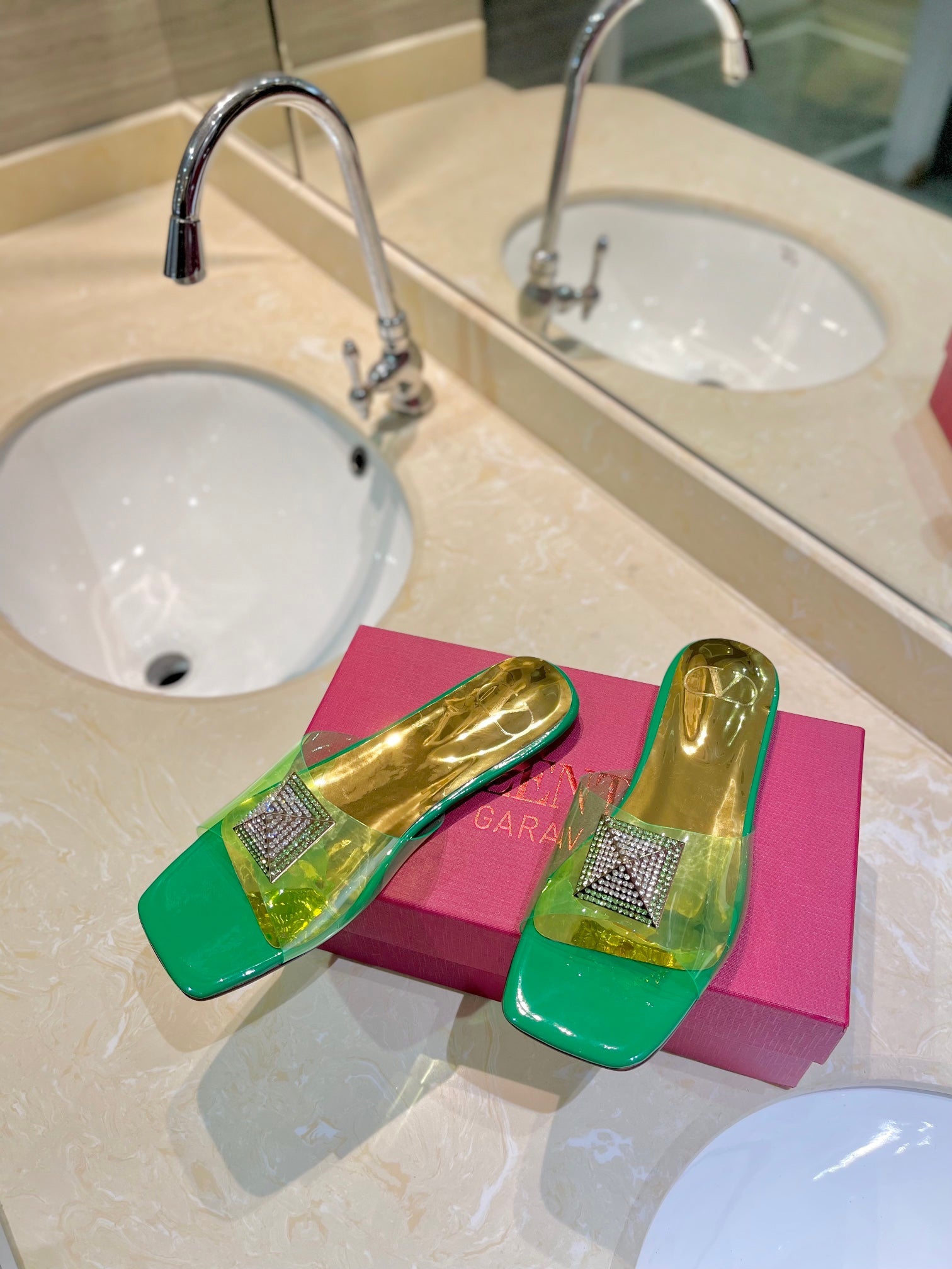 VALENTINO 26S FLAT SLIDES IN GREEN MIX GOLD LAMBSKIN WITH CRYSTAL