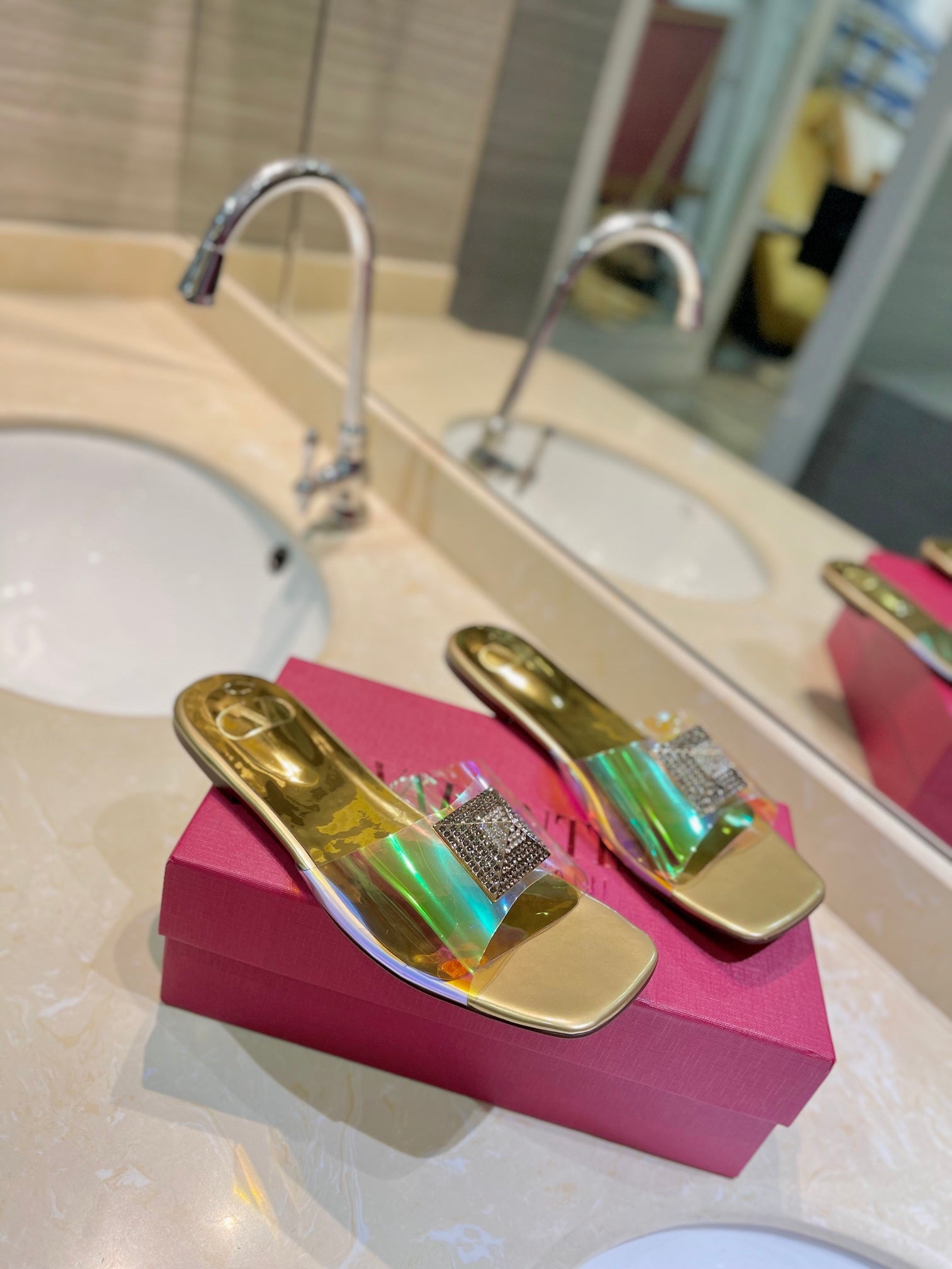VALENTINO 26S FLAT SLIDES IN GOLD LAMBSKIN WITH CRYSTAL STYLE 3
